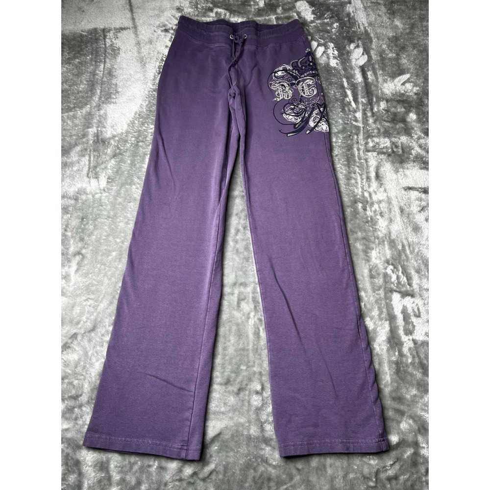 BCBG MaxAzria Y2K Pants Women Size Small Purple Floral Lounge Crown Rhinestones